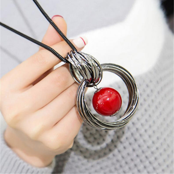 Long Necklaces with metal Circles Red White Pearl Ball Pendant-[women]-[necklace]-[jewelry]-Shopdreamstoday