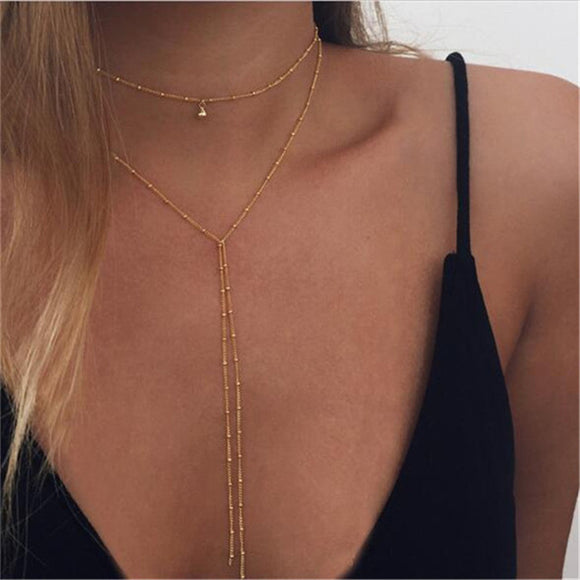 Double Layer Long Beads Tassel Chocker Necklaces
