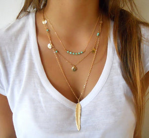 Multilayer Coin Tassels Beads Choker with Feather Pendants Necklaces