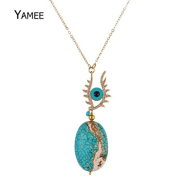 Unique Evil Eye Pendant Necklace Blue Green Natural Stone Turquoises Long Necklace Fashion Gold Chain Necklace For Women Jewelry